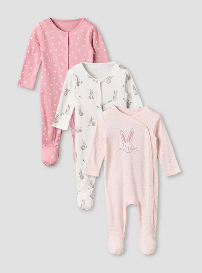 Pack of 3 Juniors Cotton Round Neck Long Sleeves Sleepsuit with Bunny Print-baby-girls-clothing-nightwear-sleepsuits-image-1