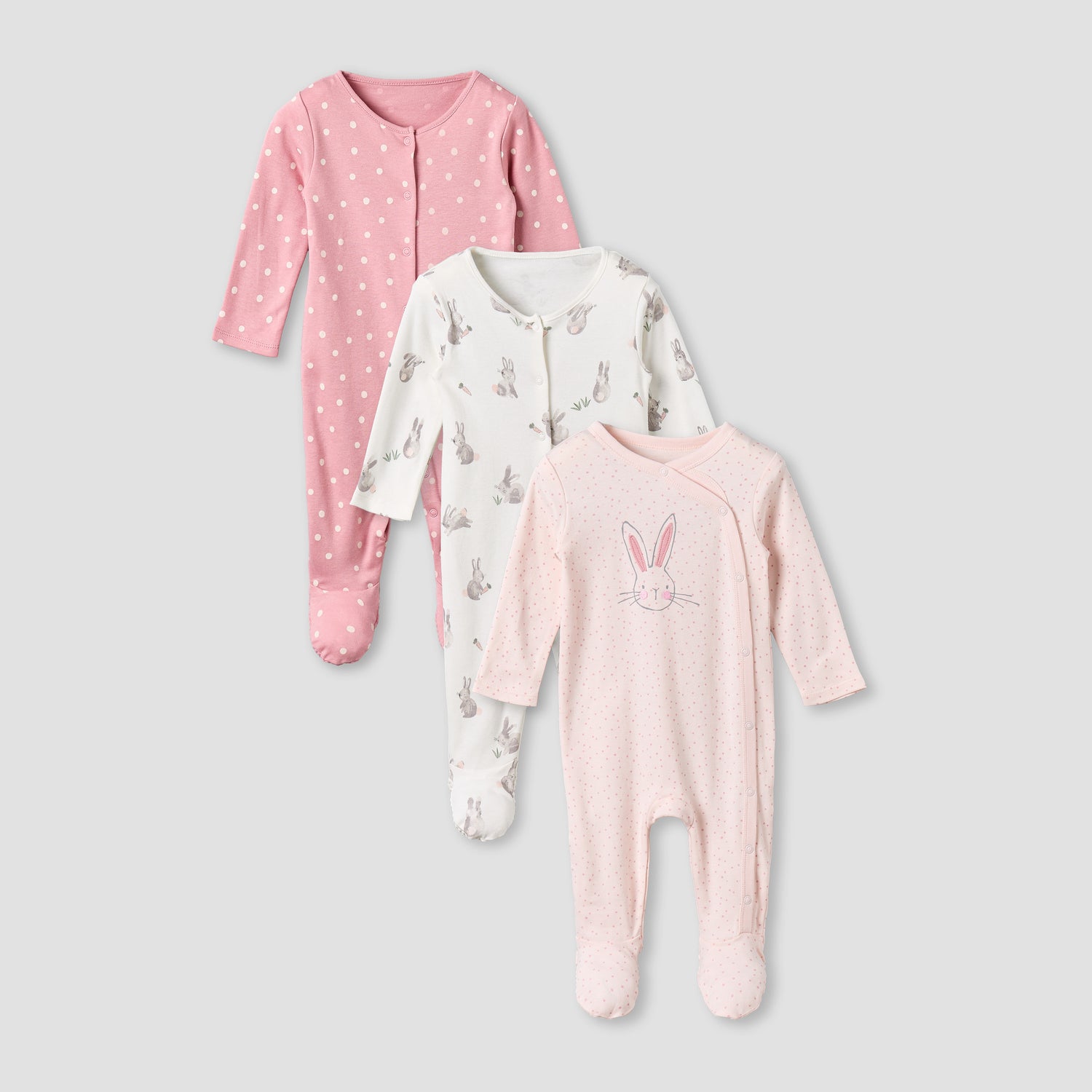 Pack of 3 Juniors Cotton Round Neck Long Sleeves Sleepsuit with Bunny Print - Multicolour / 12-18 mths