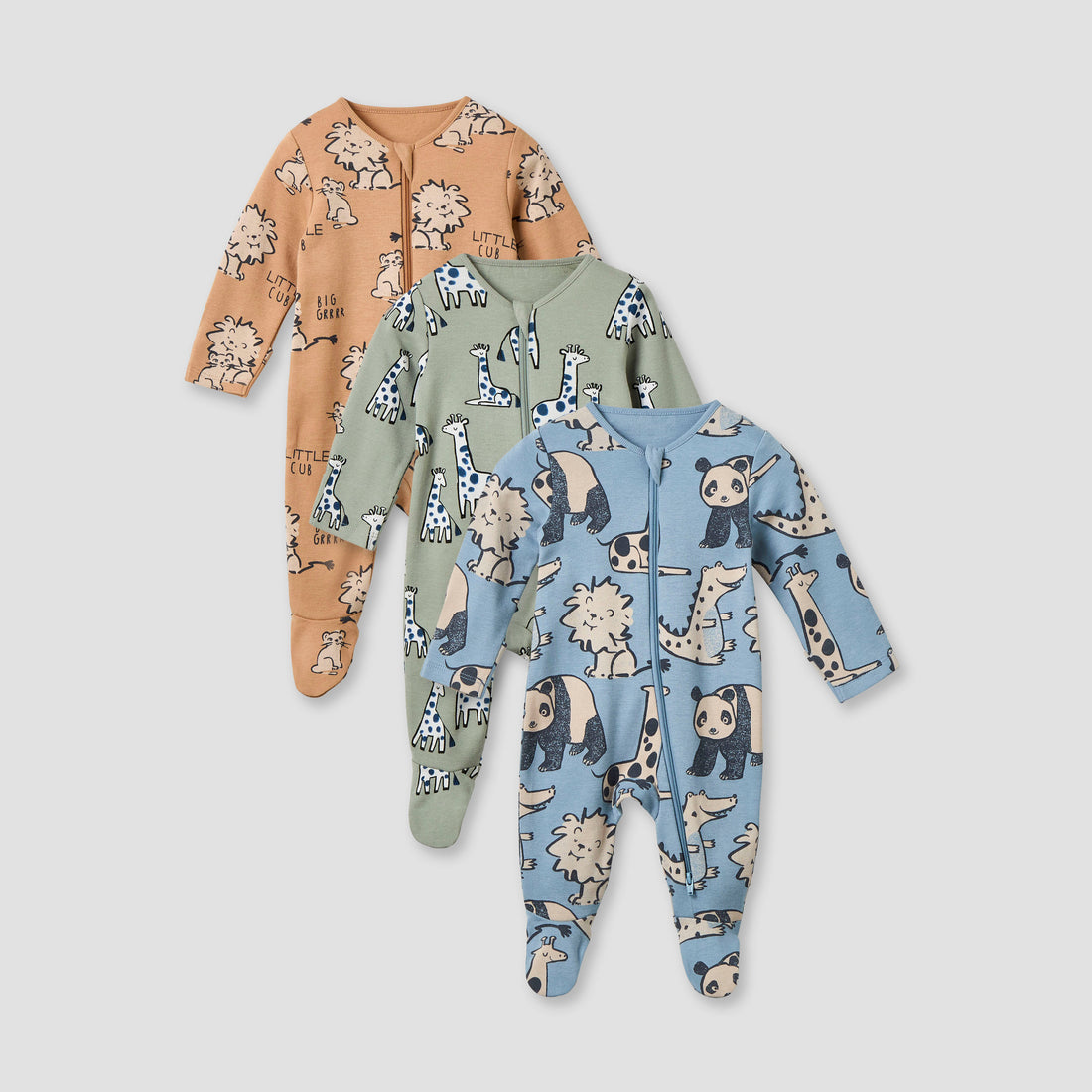 Juniors Animal Print Sleepsuit with Long Sleeves and Zip Closure - Set of 3 - Multicolour / 12-18 mths