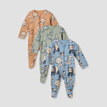 Juniors Animal Print Sleepsuit with Long Sleeves and Zip Closure - Set of 3 - Multicolour / 12-18 mths