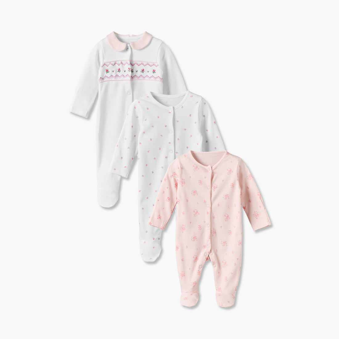 Pack of 3 Juniors Cotton Round Neck Long Sleeves Sleepsuit with Floral Print - Pink / 12-18 mths