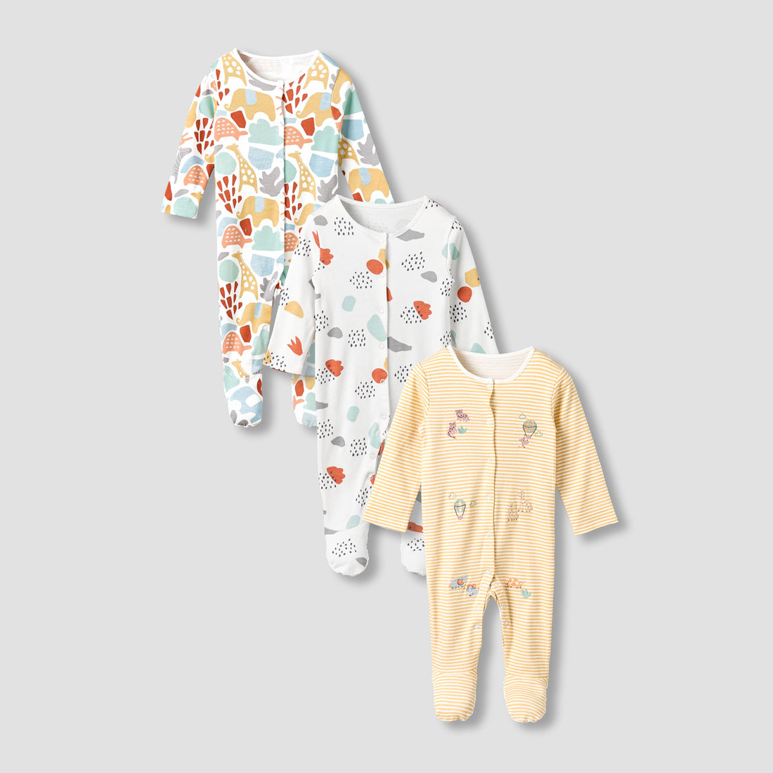 Pack of 3 Juniors Cotton Round Neck Long Sleeves Sleepsuit with Fun Print - Multicolour / 12-18 mths