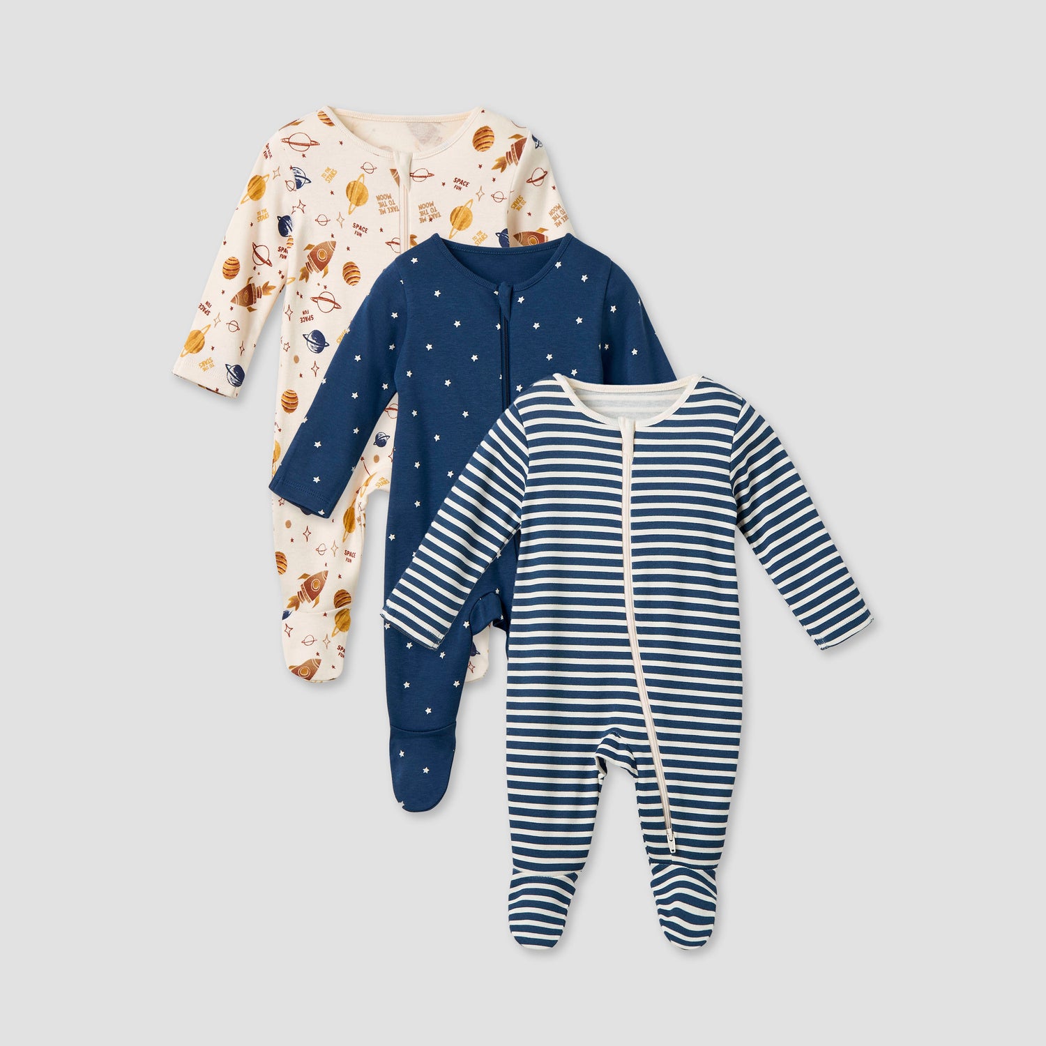 Juniors Printed Sleepsuit with Long Sleeves and Zip Closure - Set of 3