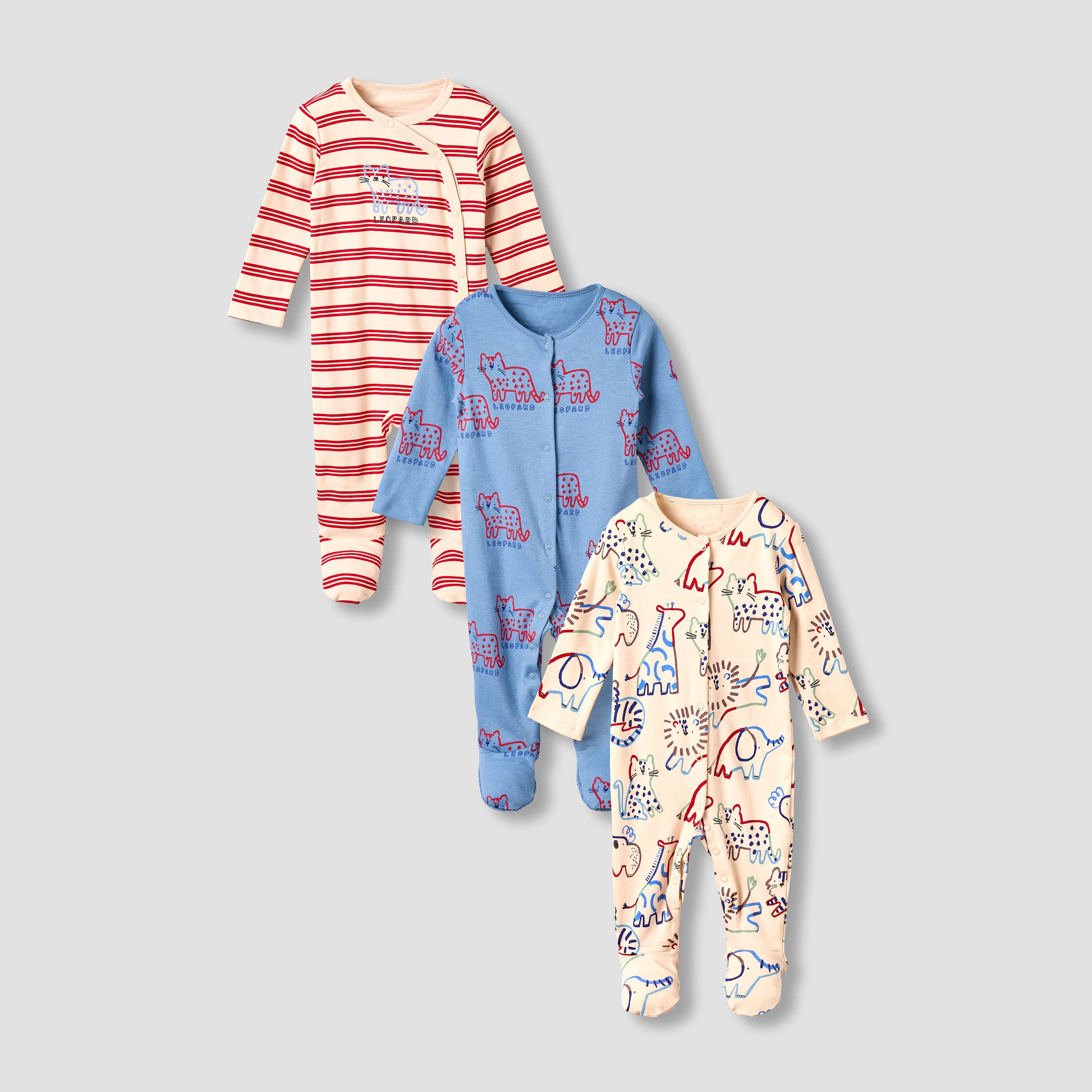 Pack of 3 Juniors Cotton Round Neck Long Sleeves Sleepsuit with Animal Print - Multicolour / 12-18 mths