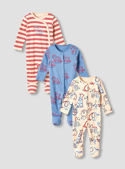Pack of 3 Juniors Cotton Round Neck Long Sleeves Sleepsuit with Animal Print-promo_babyshop_Buy2for115_UAE130126-image-1