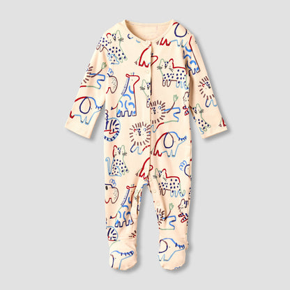 Pack of 3 Juniors Cotton Round Neck Long Sleeves Sleepsuit with Animal Print