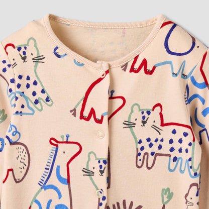 Pack of 3 Juniors Cotton Round Neck Long Sleeves Sleepsuit with Animal Print