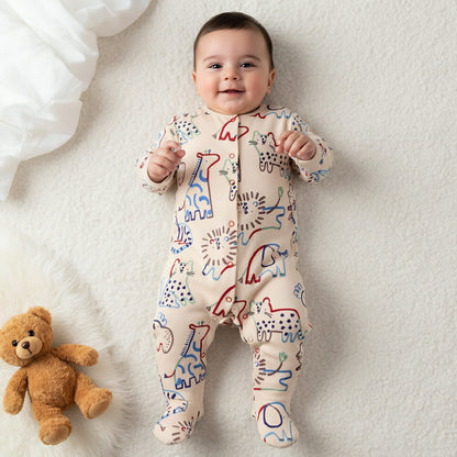 Pack of 3 Juniors Cotton Round Neck Long Sleeves Sleepsuit with Animal Print