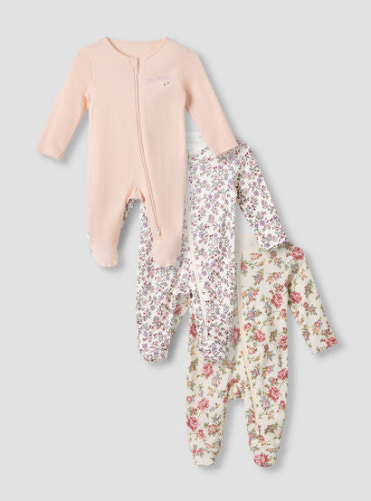 Juniors Round Neck Sleepsuit with Closed Feet - Cotton - Long Sleeves - Set of 3-baby-girls-clothing-nightwear-sleepsuits-image-1