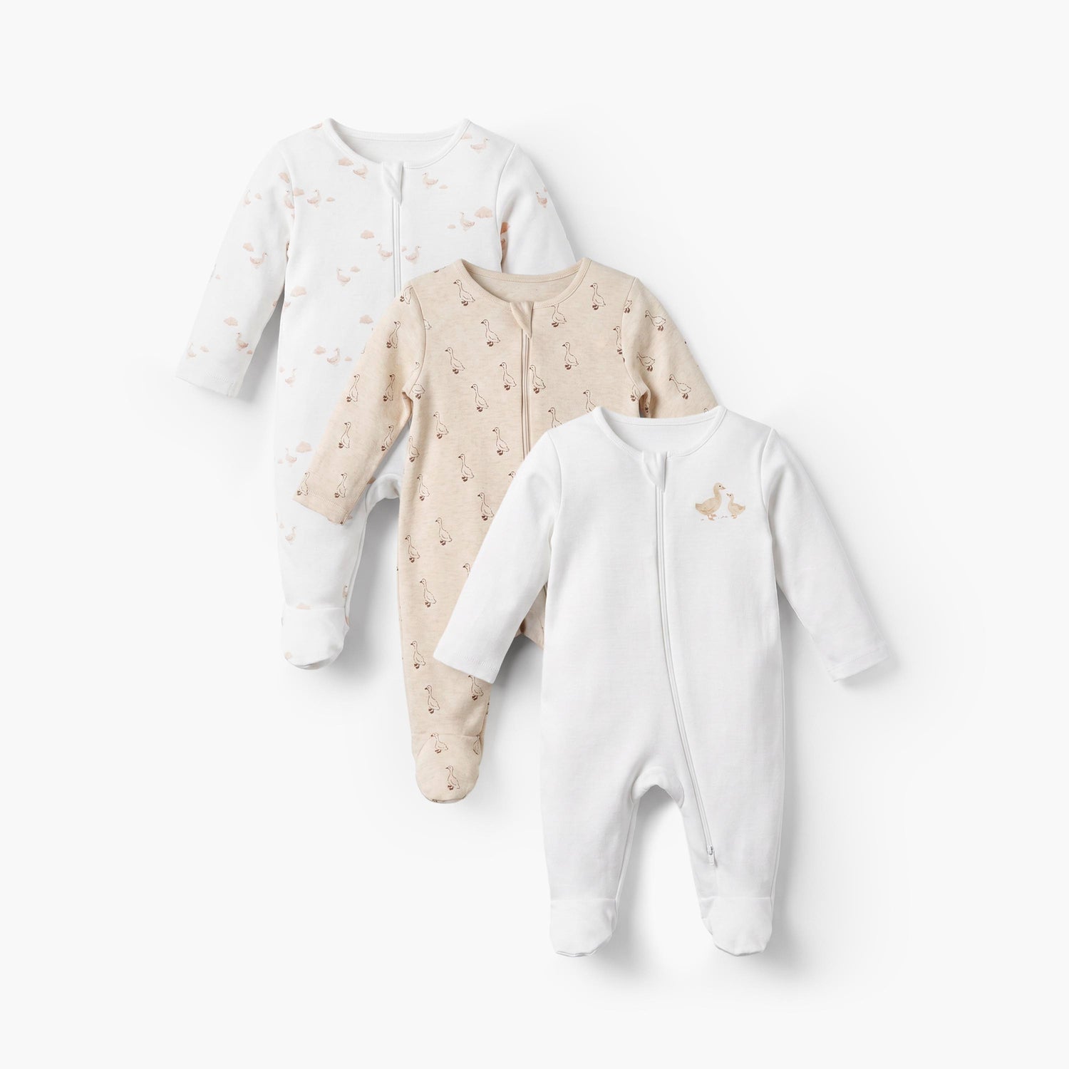 Pack of 3 Juniors Cotton Round Neck Long Sleeves Sleepsuit with Duck Print - Cream / 12-18 mths