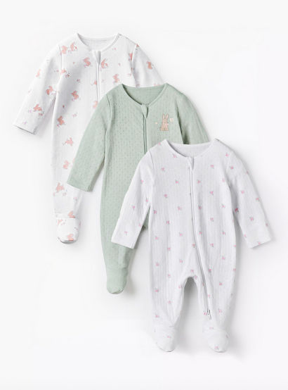 Pack of 3 Juniors Cotton Round Neck Long Sleeve Sleepsuit with Zip Closure-baby-girls-clothing-nightwear-sleepsuits-image-1