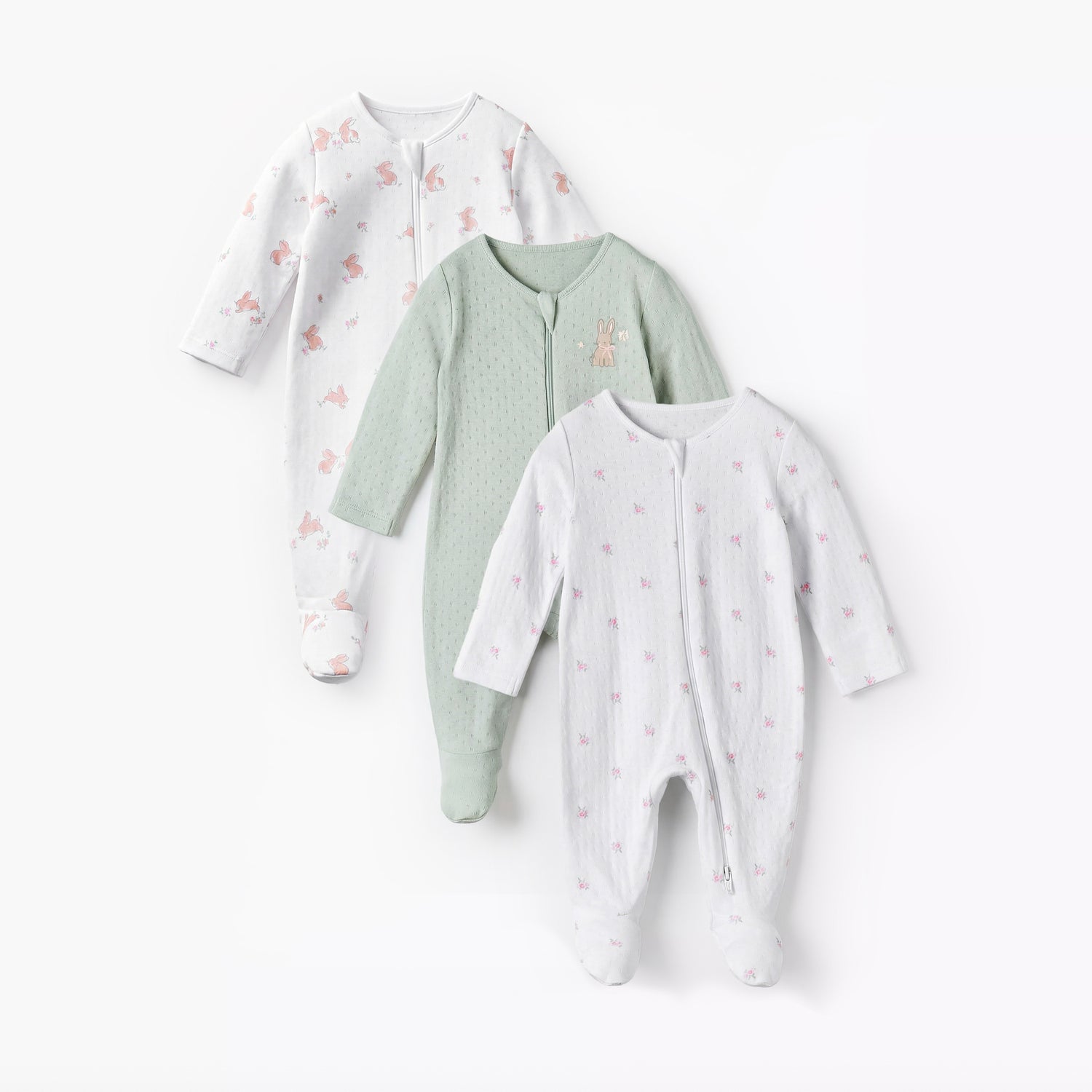 Pack of 3 Juniors Cotton Round Neck Long Sleeve Sleepsuit with Zip Closure - Multicolour / 12-18 mths