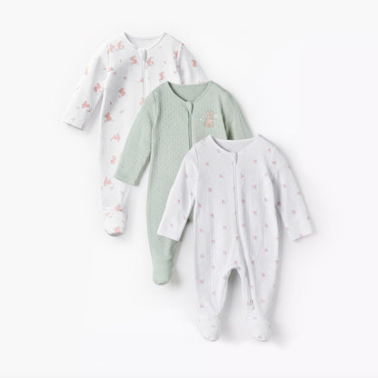 Pack of 3 Juniors Cotton Round Neck Long Sleeve Sleepsuit with Zip Closure - Multicolour / 12-18 mths