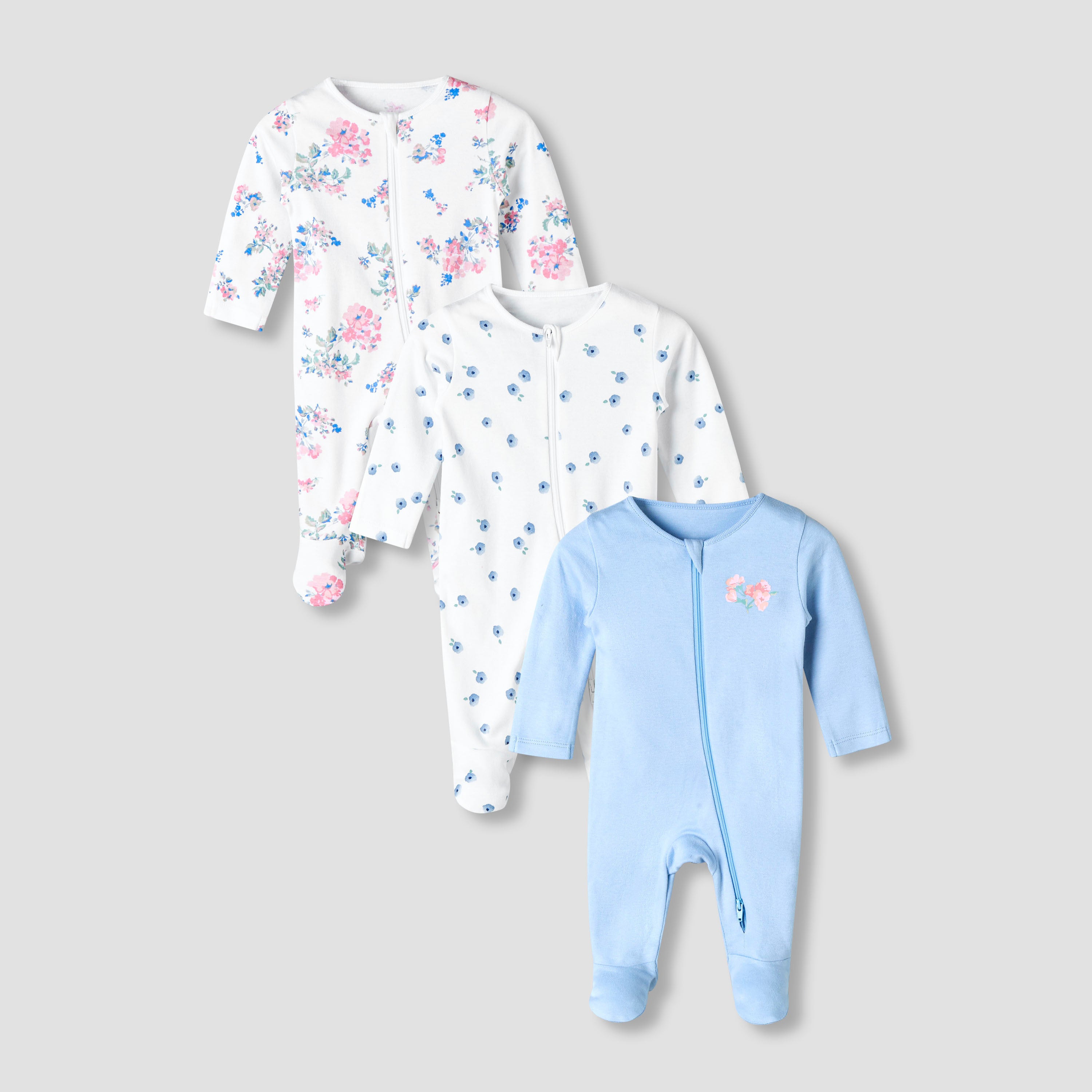 Pack of 3 Juniors Organic Cotton Crew Neck Long Sleeves Sleepsuit with Floral Print - Multicolour / 12-18 mths
