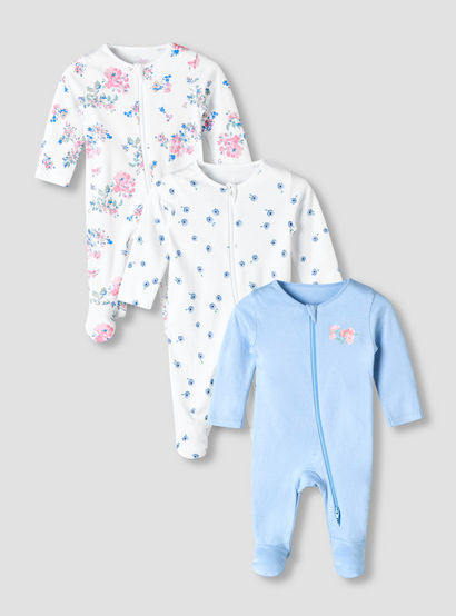 Pack of 3 Juniors Organic Cotton Crew Neck Long Sleeves Sleepsuit with Floral Print-baby-girls-clothing-nightwear-sleepsuits-image-1