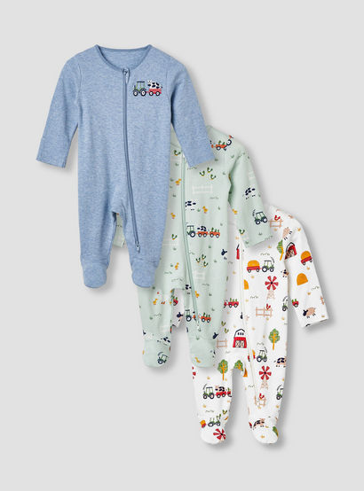 Juniors Round Neck Sleepsuit with Closed Feet - Cotton - Long Sleeves - Set of 3-baby-boys-clothing-nightwear-sleepsuits-image-1
