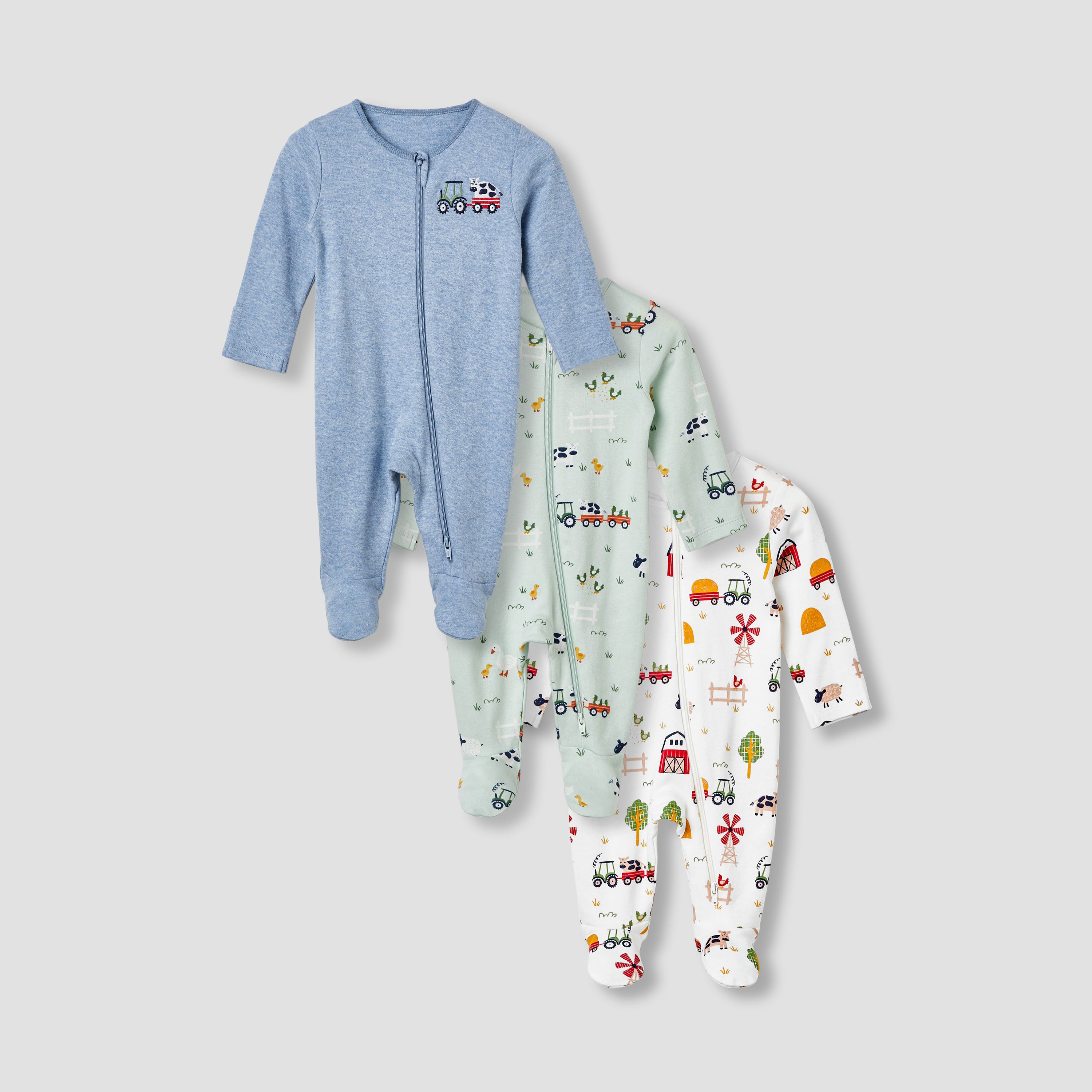 Juniors Round Neck Sleepsuit with Closed Feet - Cotton - Long Sleeves - Set of 3 - Multicolour / 12-18 mths