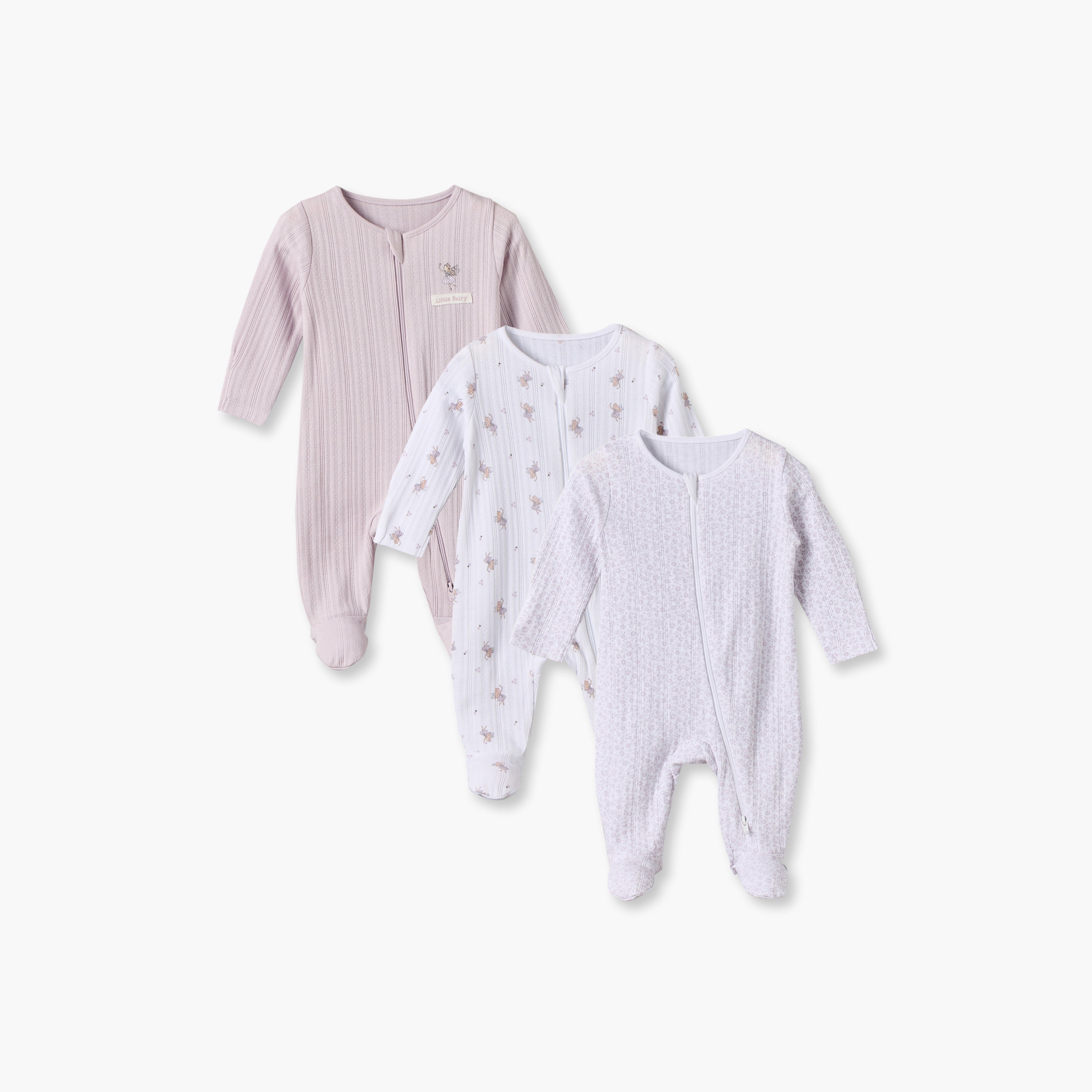 Pack of 3 Juniors Cotton Crew Neck Long Sleeves Sleepsuit with Fairy Print - Multicolour / 12-18 mths