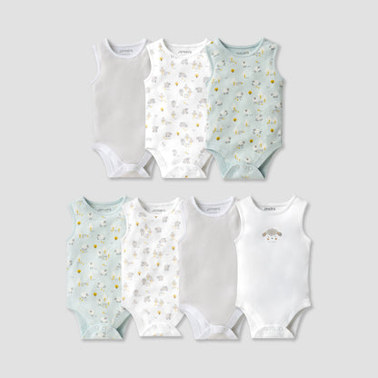 Juniors Printed Sleeveless Bodysuit with Button Closure - Set of 7 - Multicolour / 12-18 mths