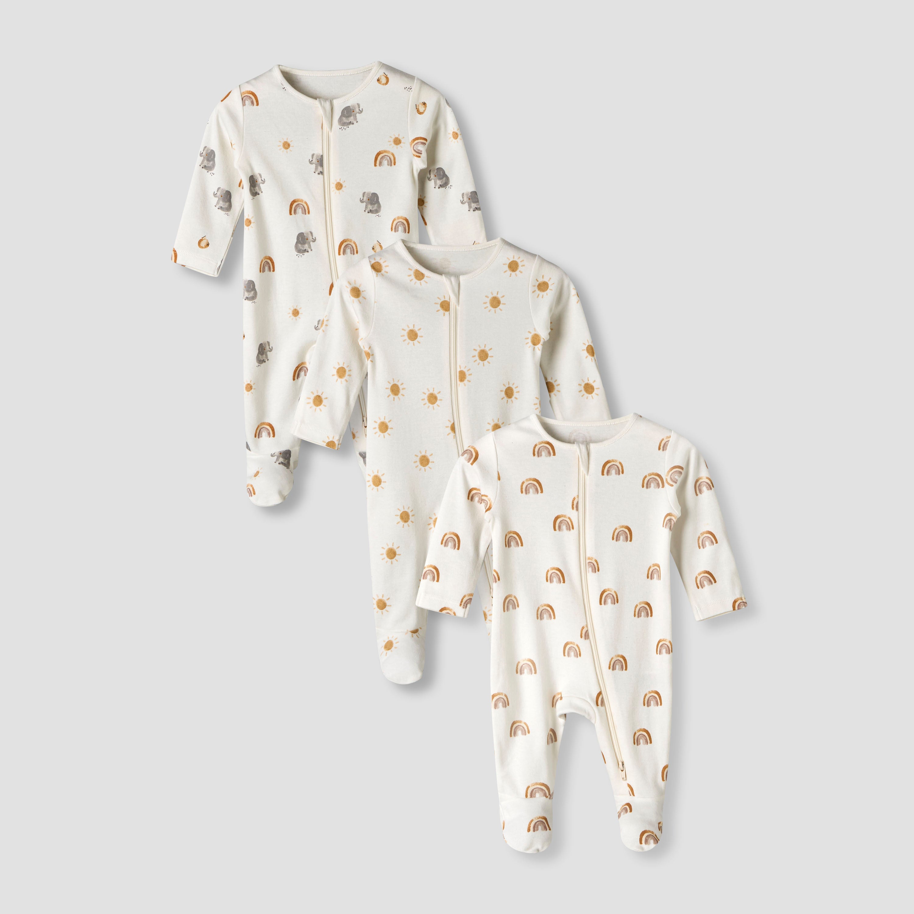 Pack of 3 Juniors Organic Cotton Round Neck Long Sleeves Sleepsuit with Print - Cream / 12-18 mths
