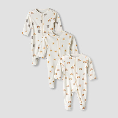 Pack of 3 Juniors Organic Cotton Round Neck Long Sleeves Sleepsuit with Print - Cream / 12-18 mths