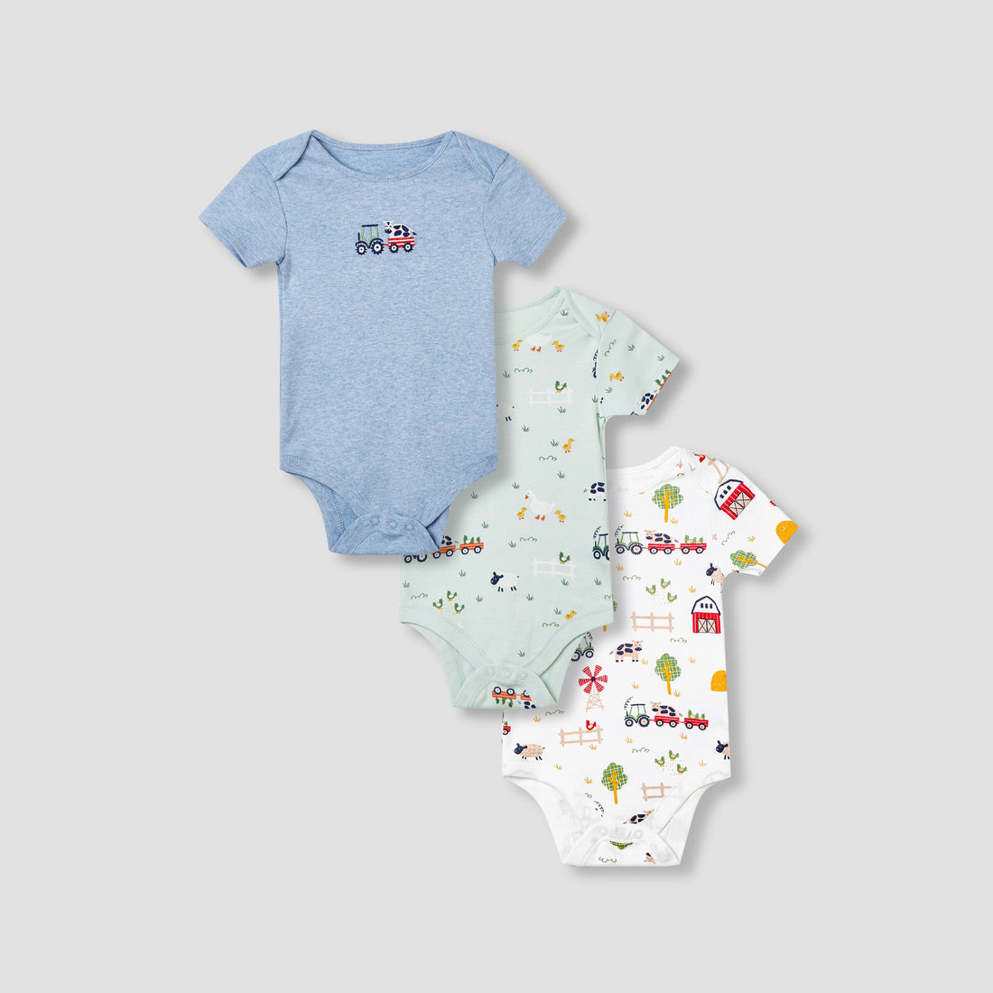 Juniors Farm Print Bodysuit with Short Sleeves and Button Closure - Set of 3 - Multicolour / 12-18 mths