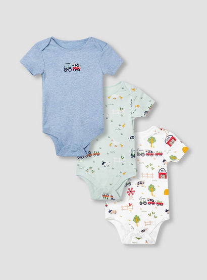 Juniors Farm Print Bodysuit with Short Sleeves and Button Closure - Set of 3-baby-boys-clothing-multipacks-image-1