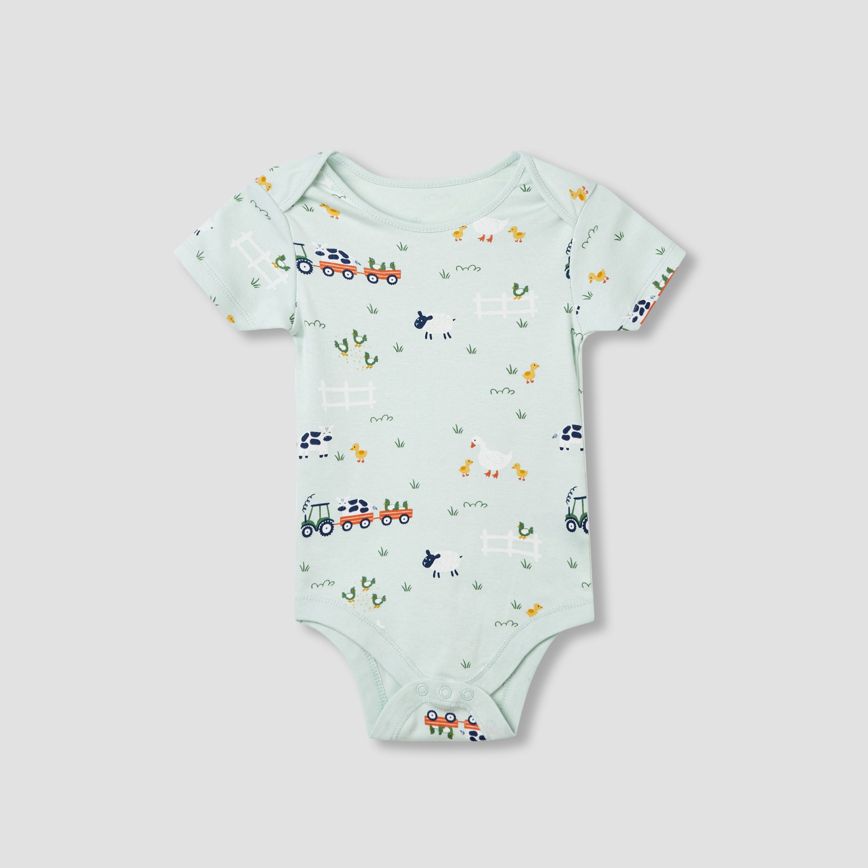 Juniors Farm Print Bodysuit with Short Sleeves and Button Closure - Set of 3