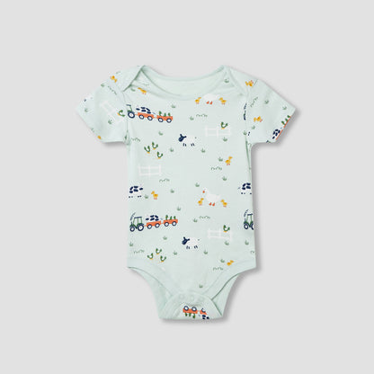 Juniors Farm Print Bodysuit with Short Sleeves and Button Closure - Set of 3