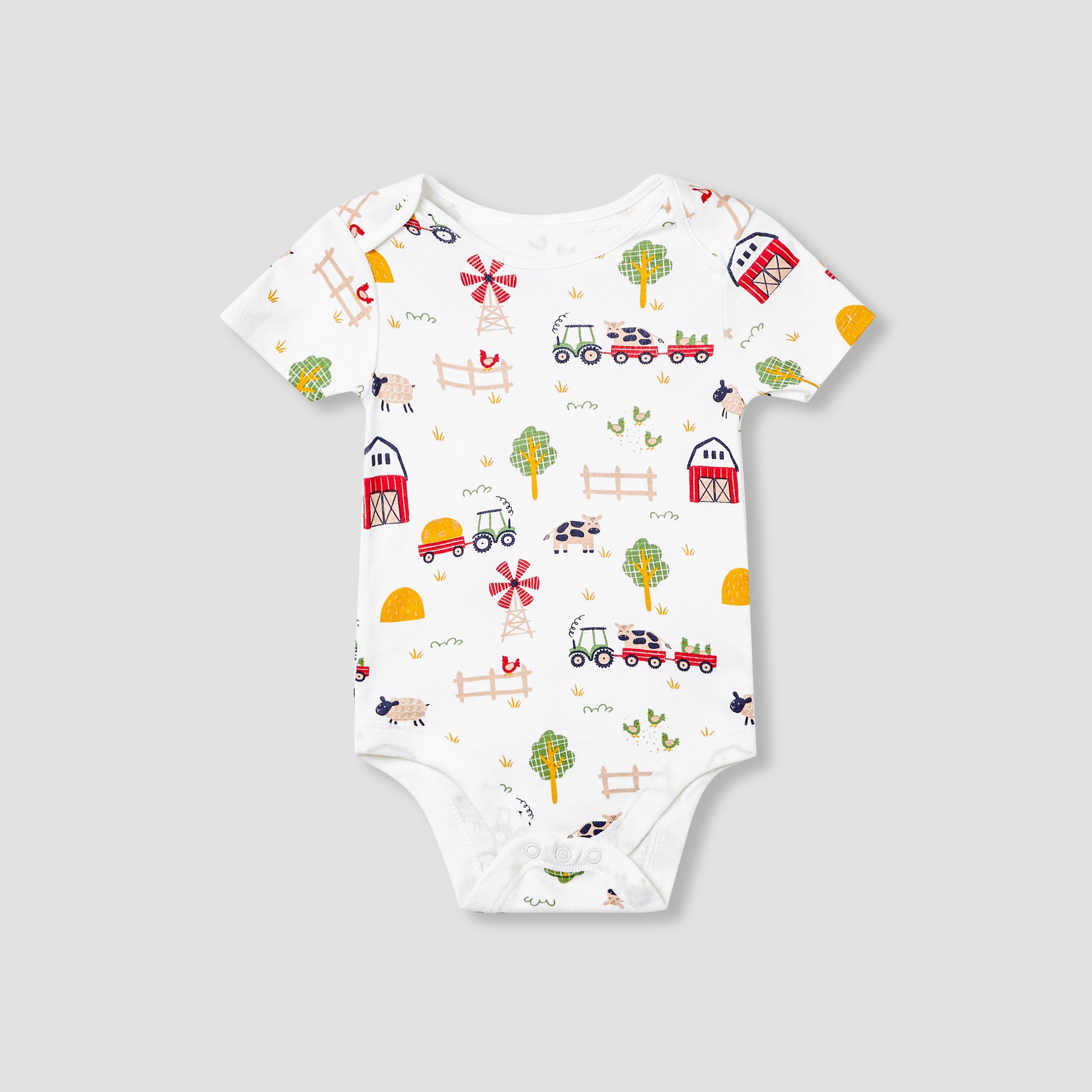 Juniors Farm Print Bodysuit with Short Sleeves and Button Closure - Set of 3