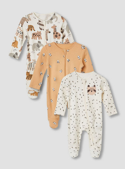 Juniors Cotton Round Neck Long Sleeves Sleepsuit with Safari Print, Set of 3-baby-boys-clothing-nightwear-sleepsuits-image-1