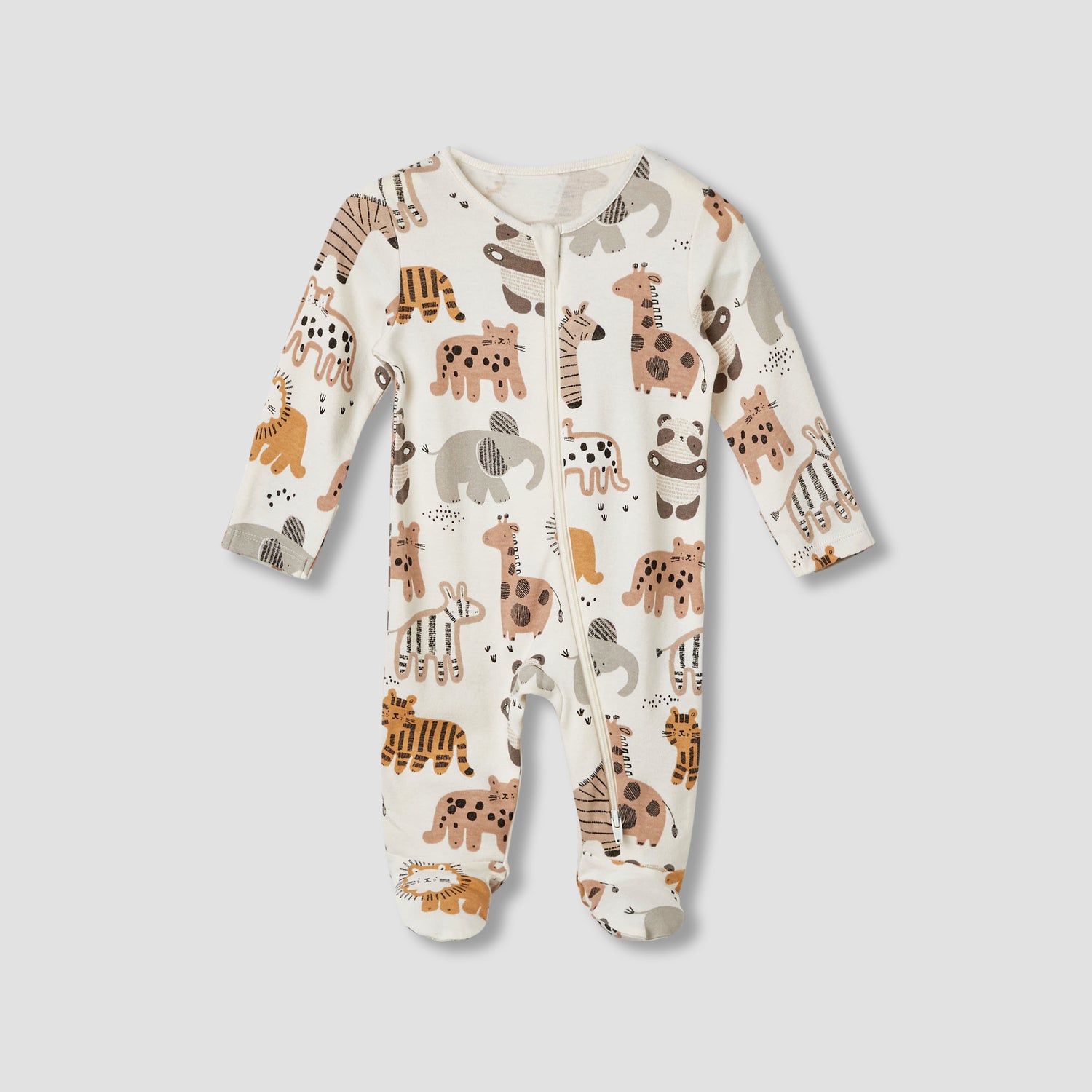 Juniors Cotton Round Neck Long Sleeves Sleepsuit with Safari Print, Set of 3
