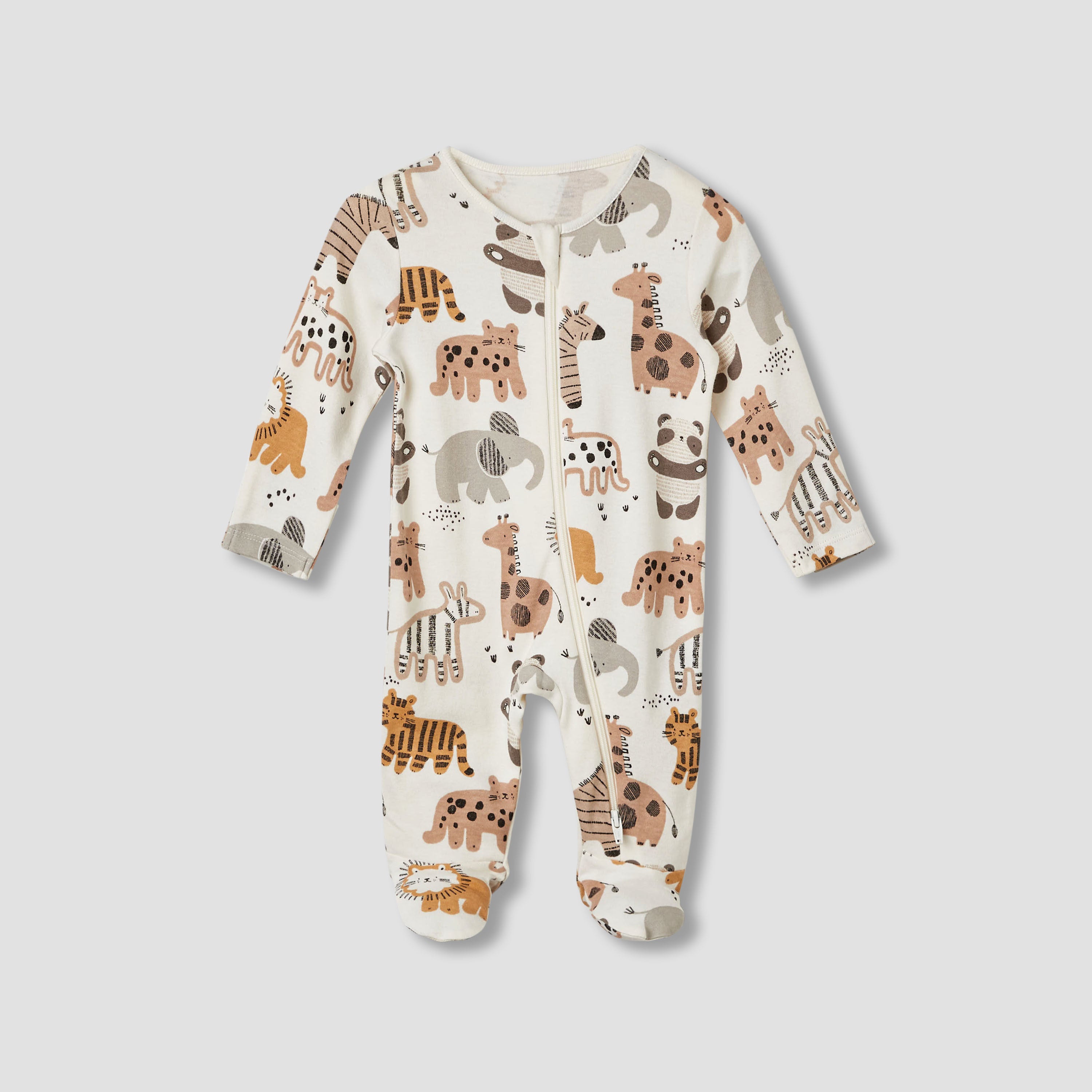 Juniors Cotton Round Neck Long Sleeves Sleepsuit with Safari Print, Set of 3