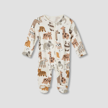 Juniors Cotton Round Neck Long Sleeves Sleepsuit with Safari Print, Set of 3