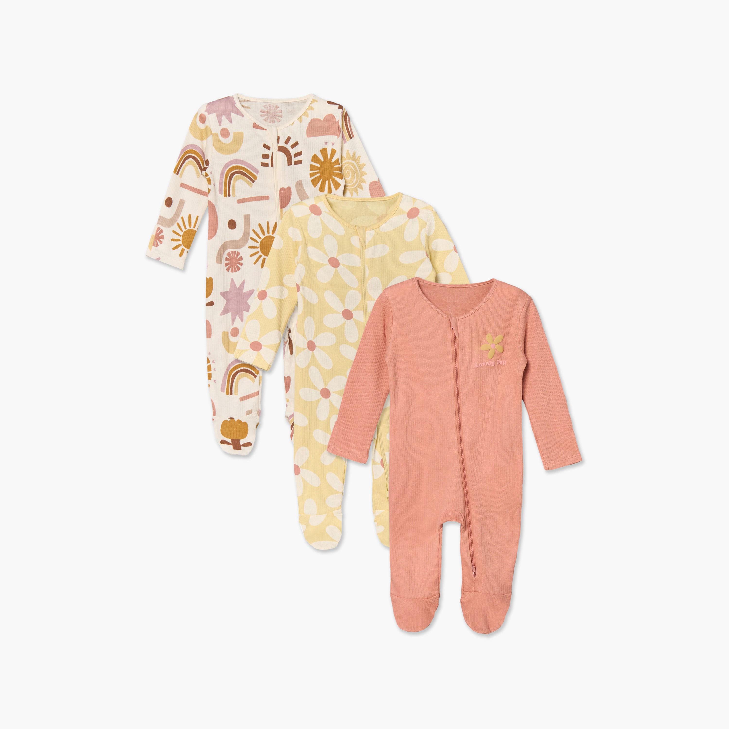 Pack of 3 Juniors Cotton Round Neck Long Sleeves Sleepsuit with Floral Print - Multicolour / 12-18 mths
