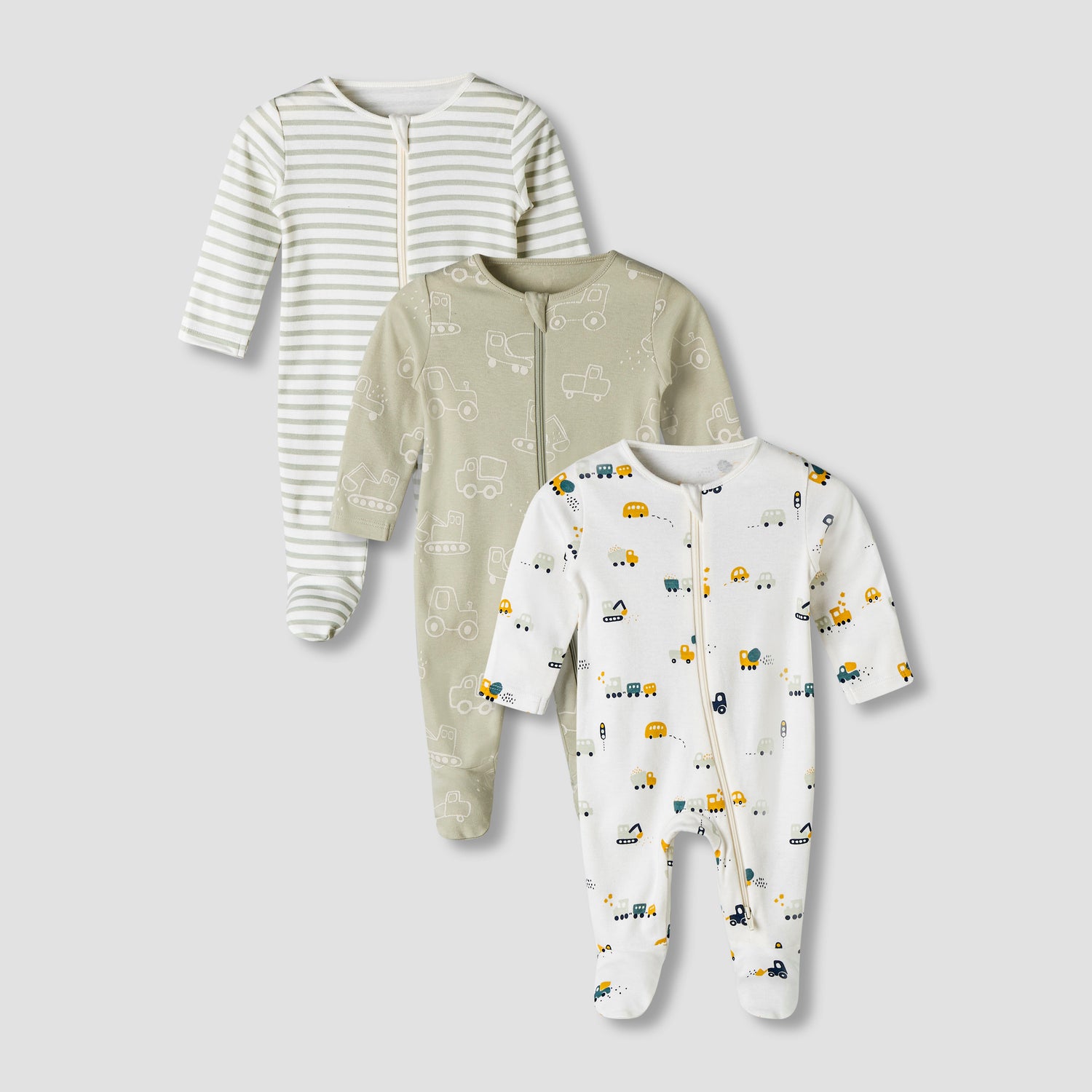 Pack of 3 Juniors Organic Cotton Round Neck Long Sleeves Sleepsuit with Print - Green / 12-18 mths