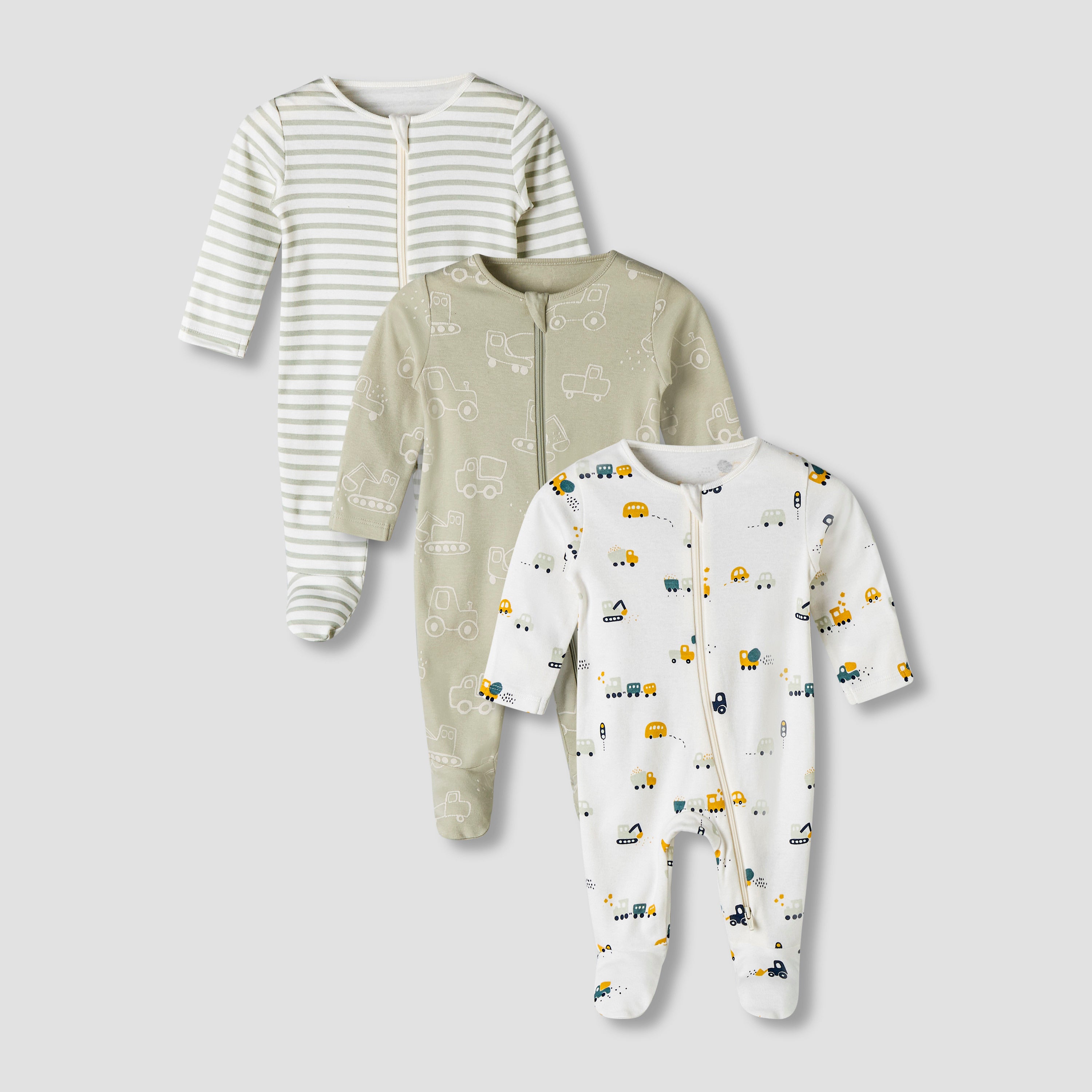 Pack of 3 Juniors Organic Cotton Round Neck Long Sleeves Sleepsuit with Print - Green / 12-18 mths
