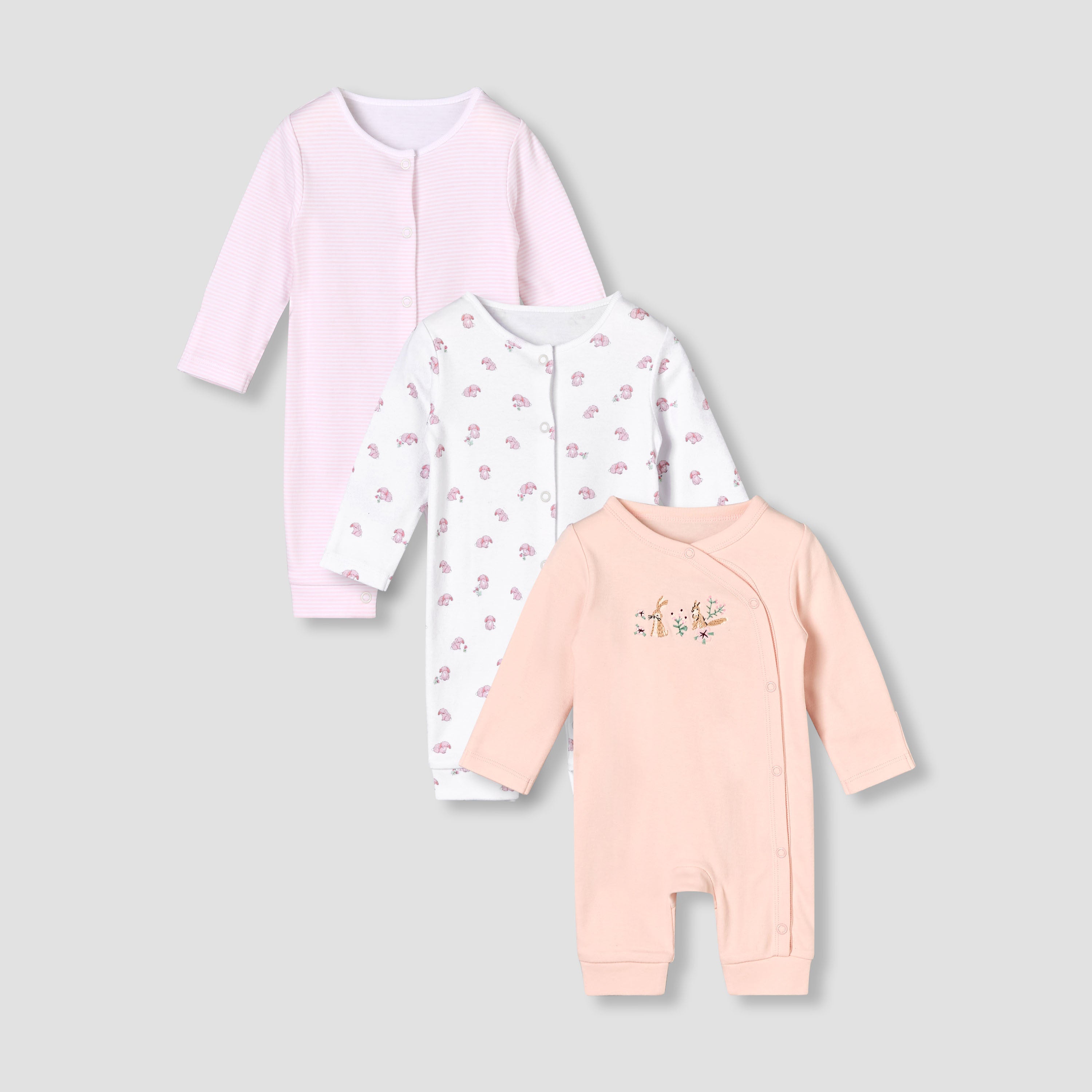 Pack of 3 Juniors Round Neck Long Sleeves Sleepsuit with Button Closure - Multicolour / 12-18 mths