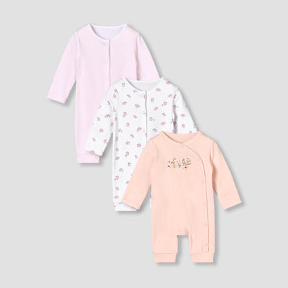 Pack of 3 Juniors Round Neck Long Sleeves Sleepsuit with Button Closure - Multicolour / 12-18 mths