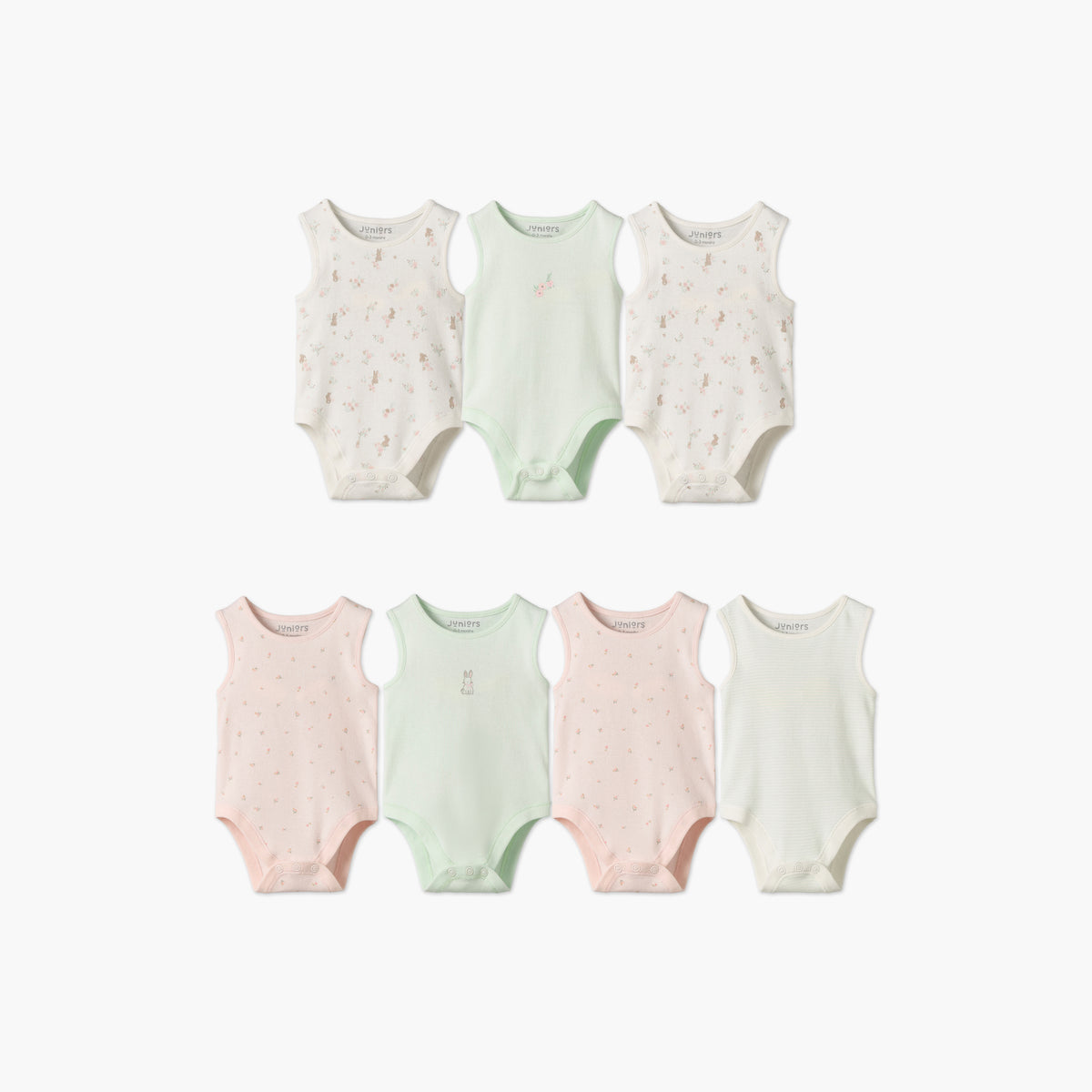 Pack of 7 Juniors Cotton Crew Neck Sleeveless Bodysuit with Floral Print