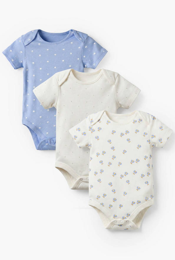 Pack of 3 Juniors Cotton Crew Neck Short Sleeves Bodysuit with Floral Print