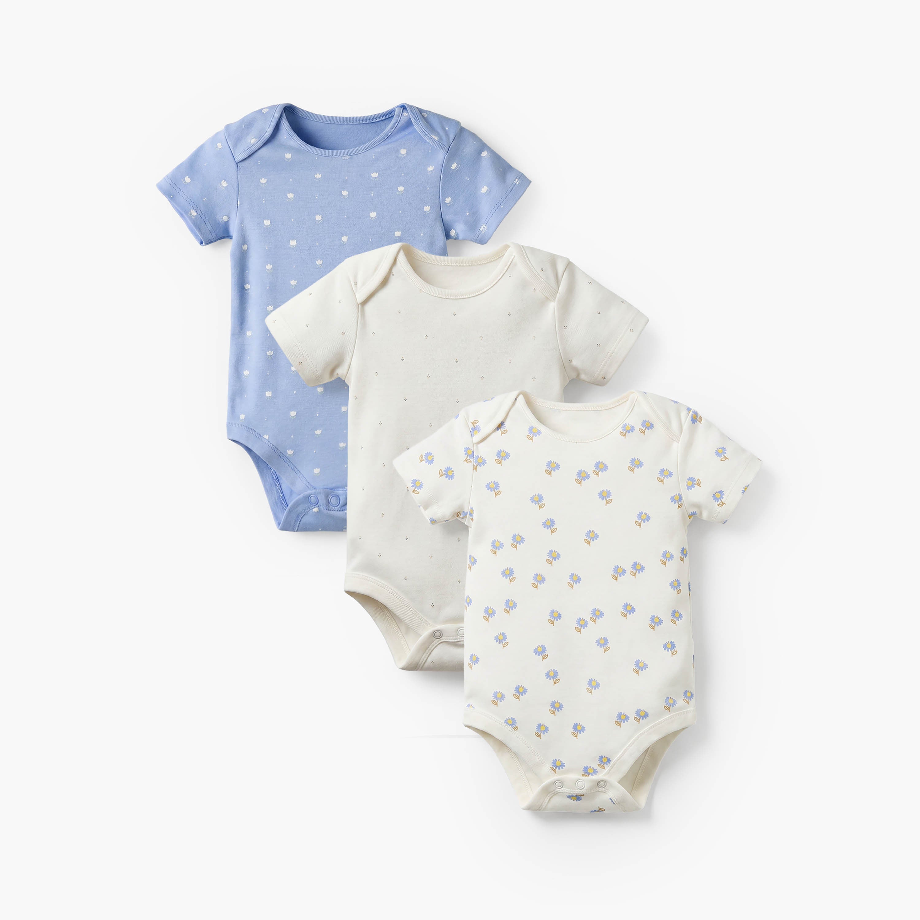 Pack of 3 Juniors Cotton Crew Neck Short Sleeves Bodysuit with Floral Print - Blue / 18-24 mths