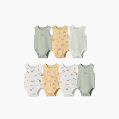 Pack of 7 Juniors Crew Neck Sleeveless Bodysuit with Farm Print