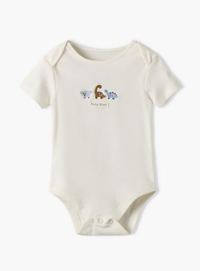 Pack of 3 Juniors Round Neck Short Sleeves Bodysuit with Dinosaur Print-baby-boys-clothing-bodysuits-image-4