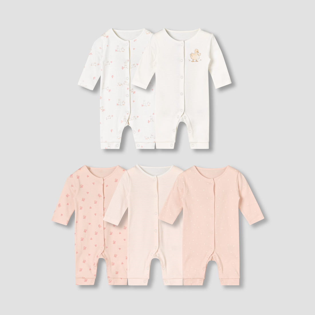 Pack of 5 Juniors Cotton Round Neck Long Sleeves Sleepsuit with Fun Prints - Pink / 12-18 mths
