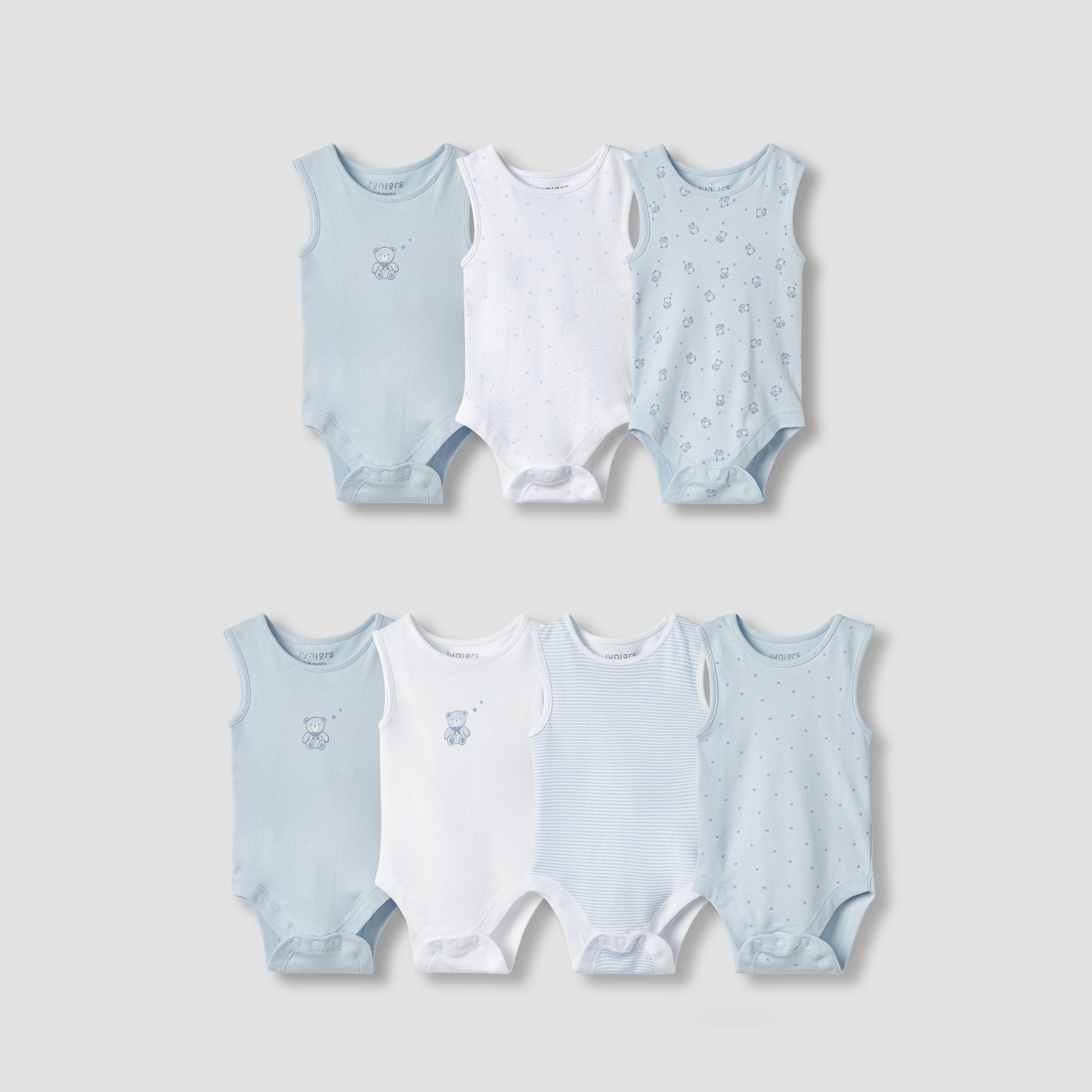 Juniors Assorted Sleeveless Bodysuits - Set of 7 - Blue / 12-18 mths