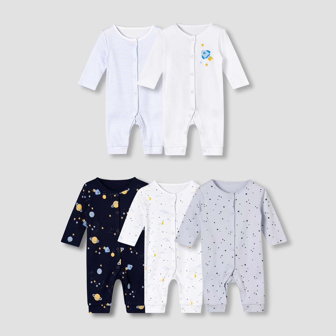 Pack of 5 Juniors Cotton Round Neck Long Sleeves Sleepsuit with Print - Multicolour / 12-18 mths