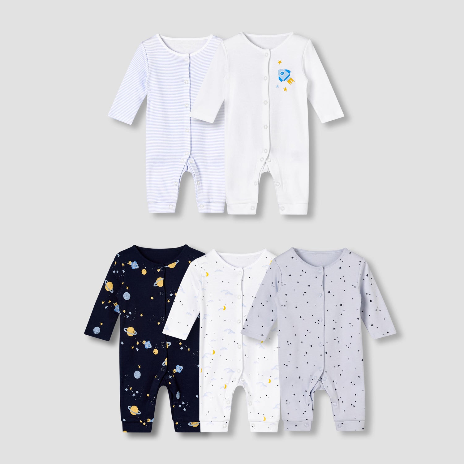 Pack of 5 Juniors Cotton Round Neck Long Sleeves Sleepsuit with Print - Multicolour / 12-18 mths