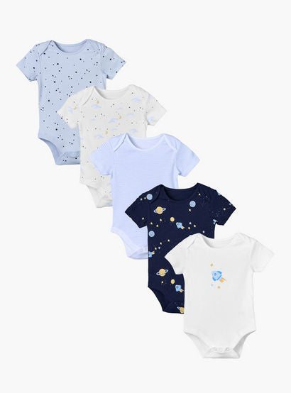 Pack of 5 Juniors Crew Neck Short Sleeves Bodysuit with Rocket Print-baby-boys-clothing-bodysuits-image-1