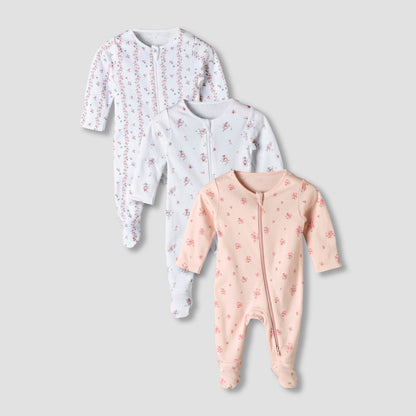 Pack of 3 Juniors Organic Cotton Round Neck Long Sleeves Sleepsuit with Floral Print - Multicolour / 12-18 mths